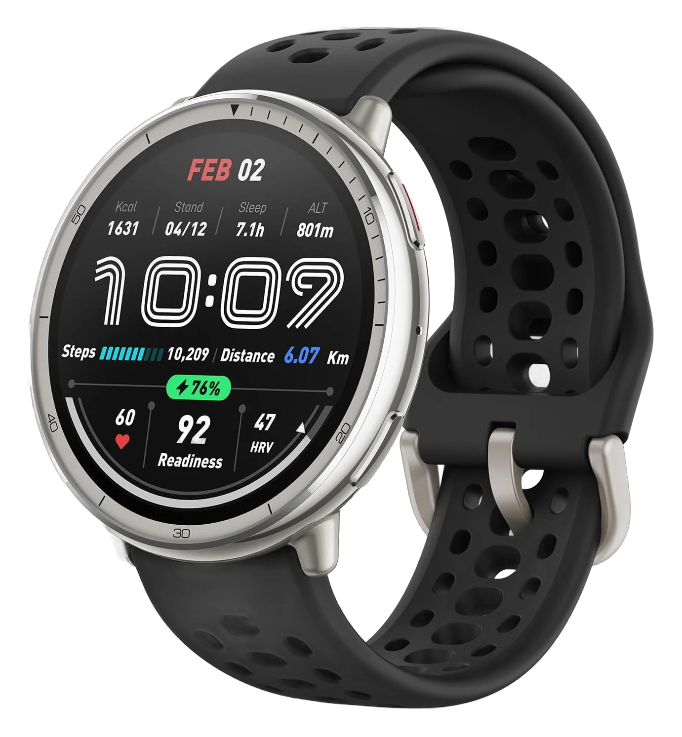 Amazfit Active 2 smartwatch with a round AMOLED display and black sport band on white background