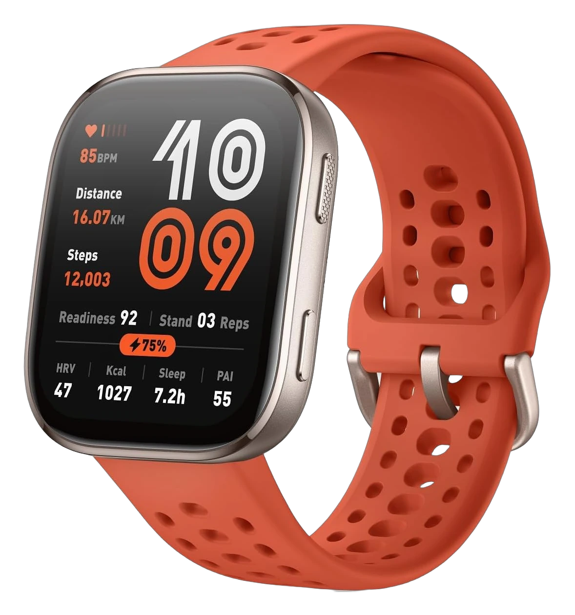 Amazfit Bip 6 smartwatch with orange perforated silicone band on a white background