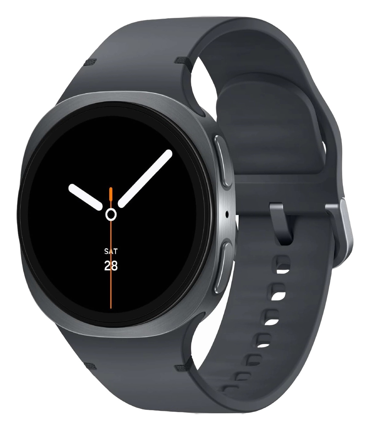 Samsung Galaxy Watch 8 in graphite with a dark silicone band on a white background