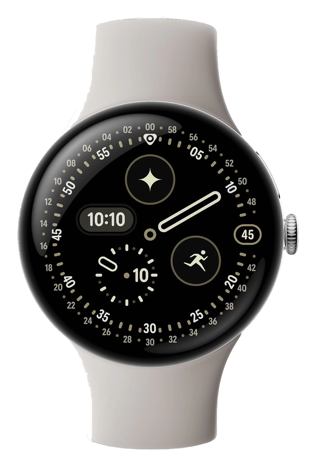 Google Pixel Watch 4 with a round black dial and light gray band on a white background