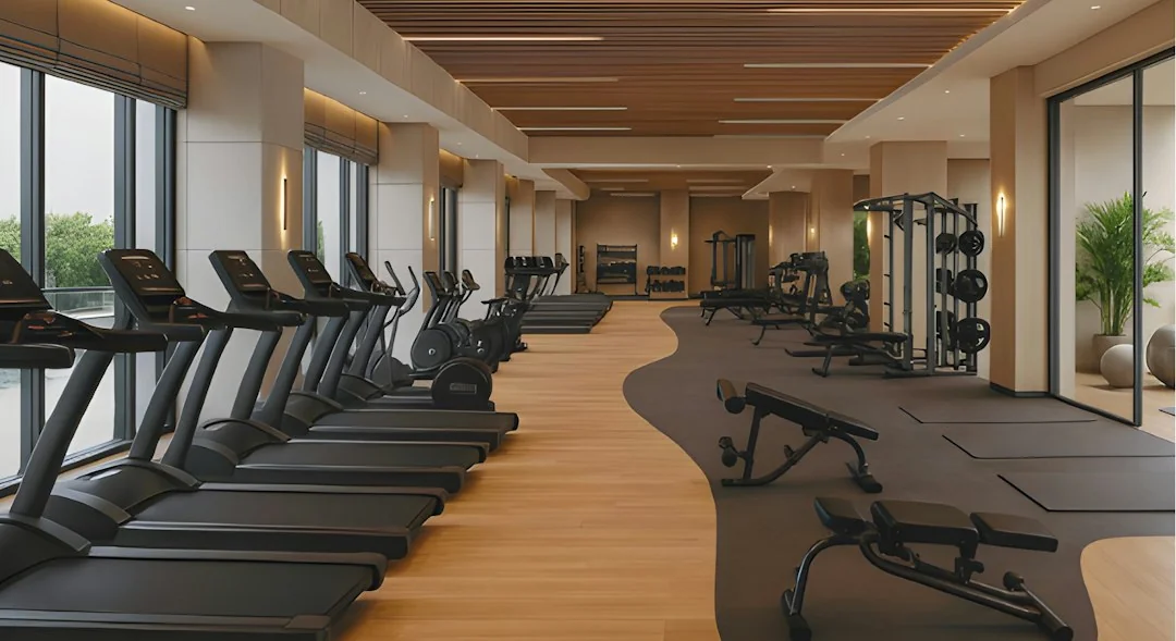 Row of treadmills and cardio machines in a modern, well-lit fitness facility