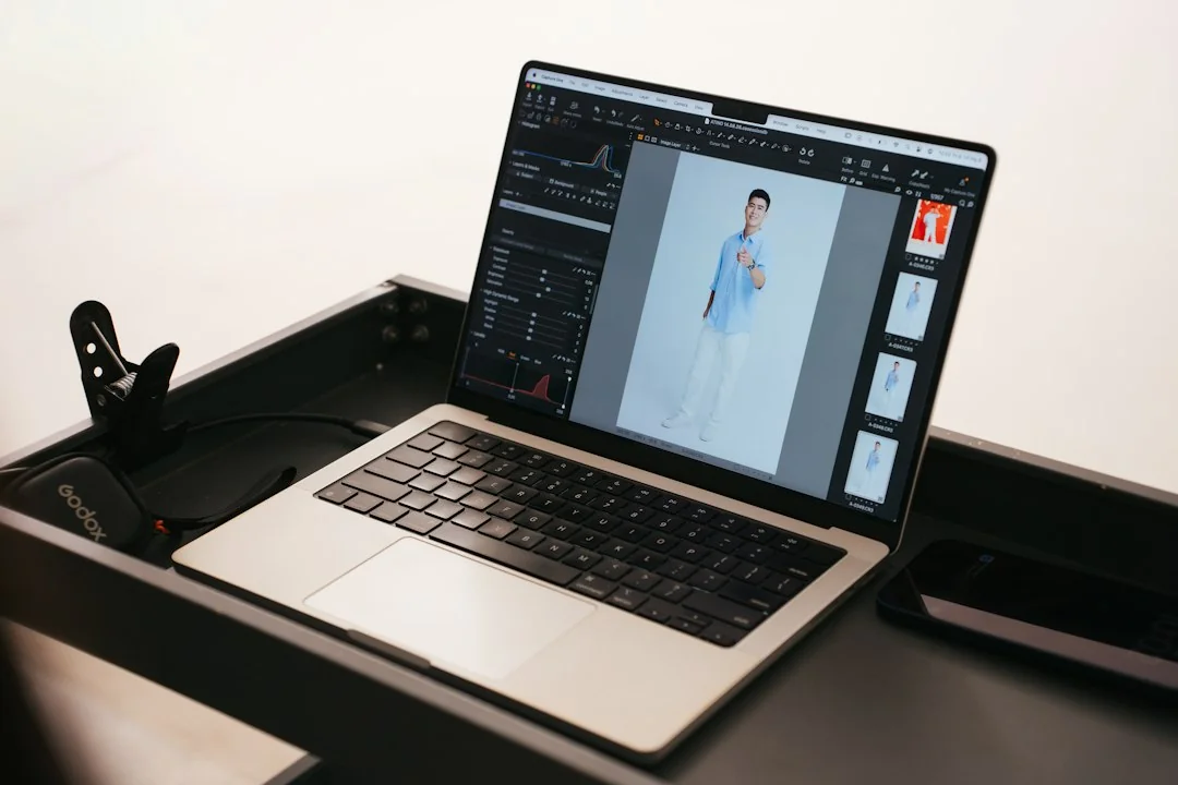 Laptop on a walking pad desk with a monitor clamp mount attached to the rail