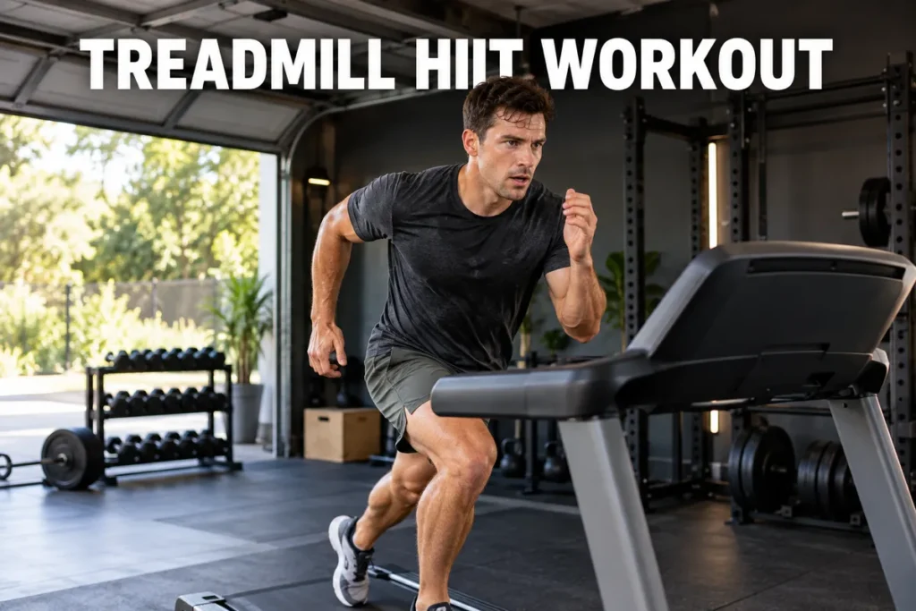 A man doing a high-intensity treadmill workout in a garage gym.