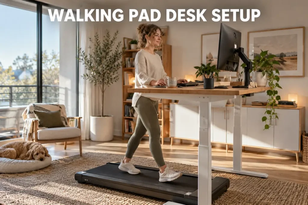 A woman using a walking pad under a standing desk in a bright home office.