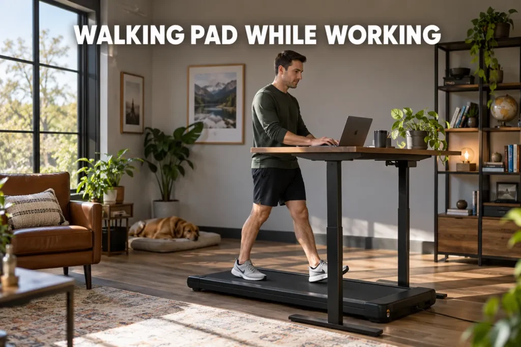 A man walking on a walking pad while working at a standing desk in a home office.