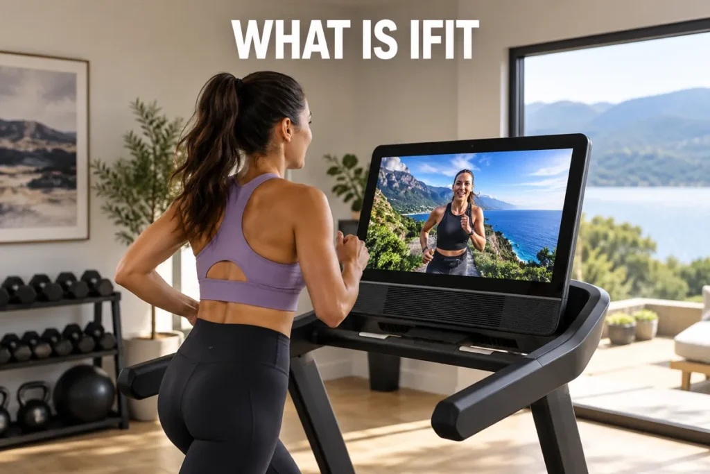 A woman using a treadmill with a scenic virtual running route on the screen in a modern home gym.