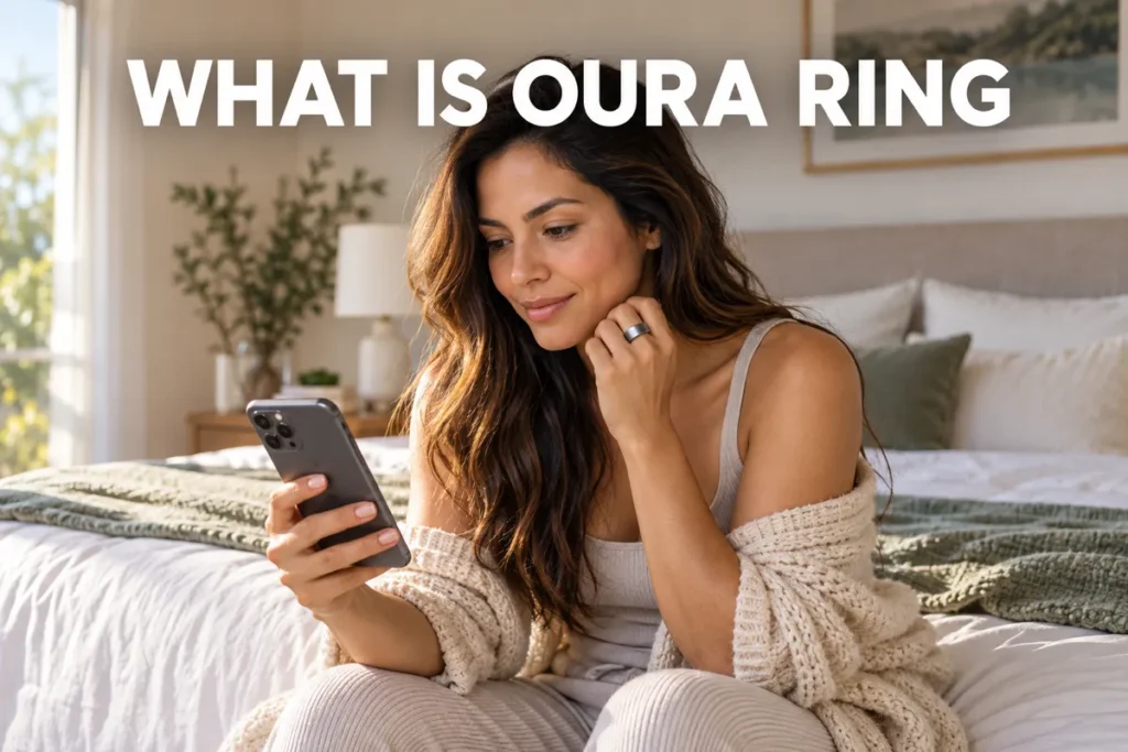 A woman wearing a smart ring while checking health data on her phone in a bright bedroom.