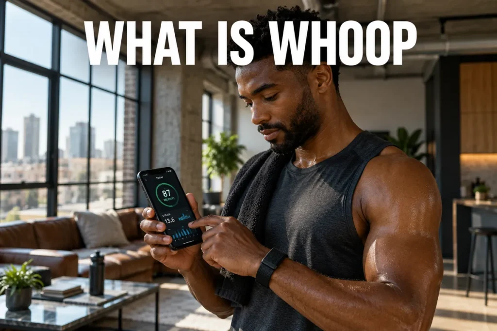A man checking recovery and fitness data on his phone while wearing a WHOOP-style fitness band.