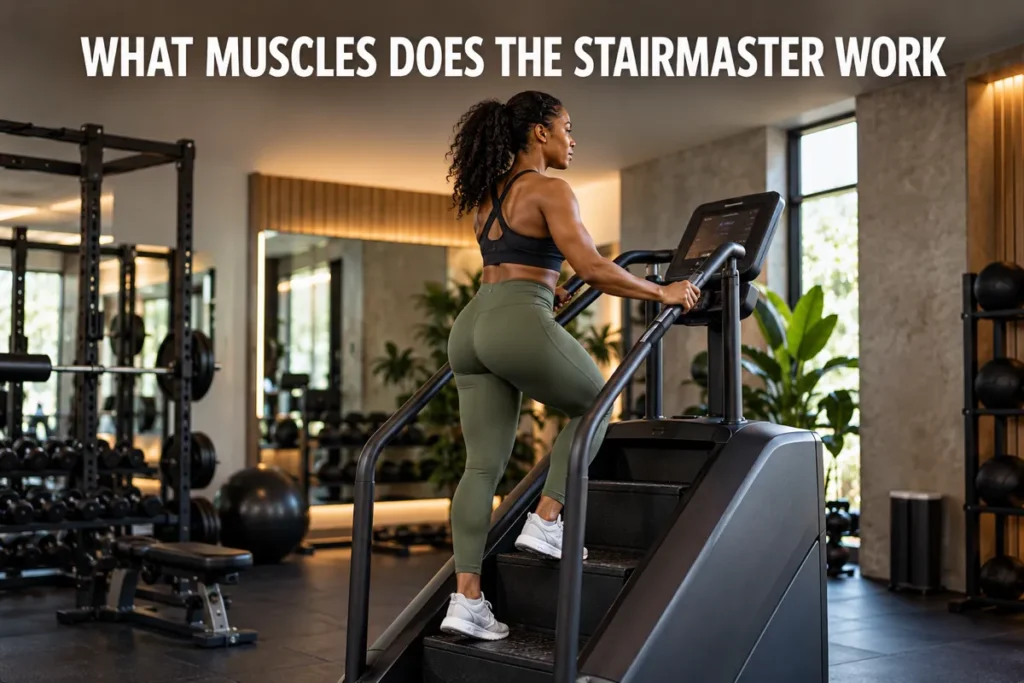 A woman using a StairMaster machine in a modern gym.